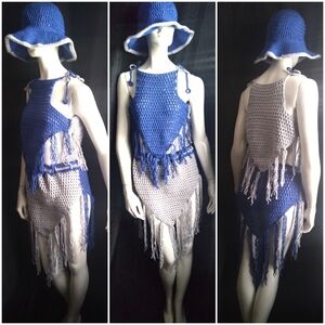 Handmade Blue & Lavender Crochet Fringe Beach Set with Sun Hat